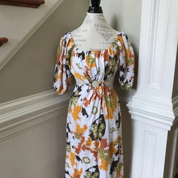 Faithful the Brand Trinita Maxi Dress Womens 2 Yellow White Floral Puff Sleeve